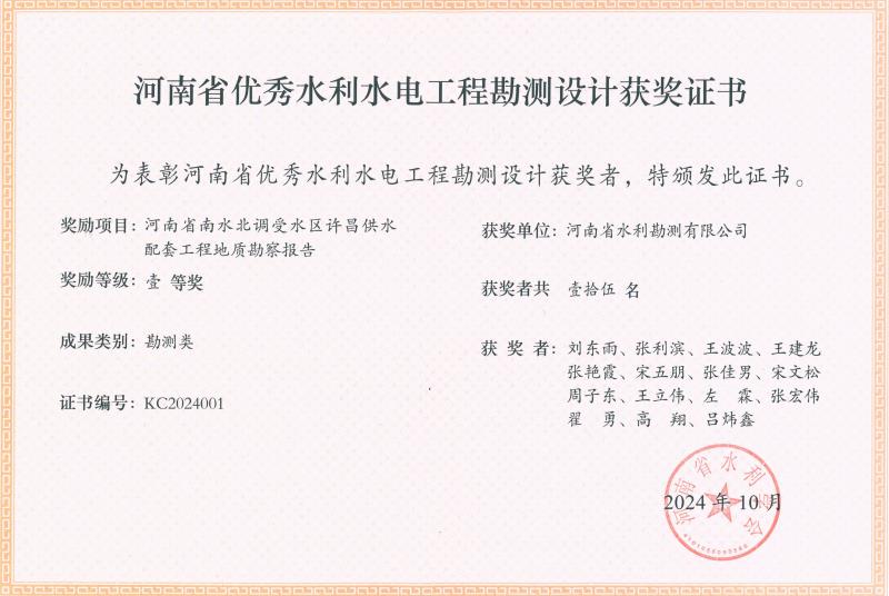 河南省優(yōu)秀水利水電工程勘測(cè)設(shè)計(jì)獎(jiǎng)